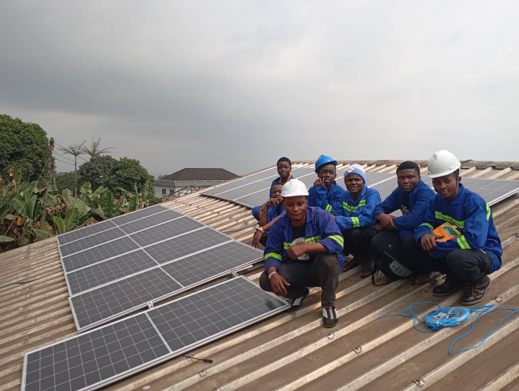 Solar-powered street light installed in a community